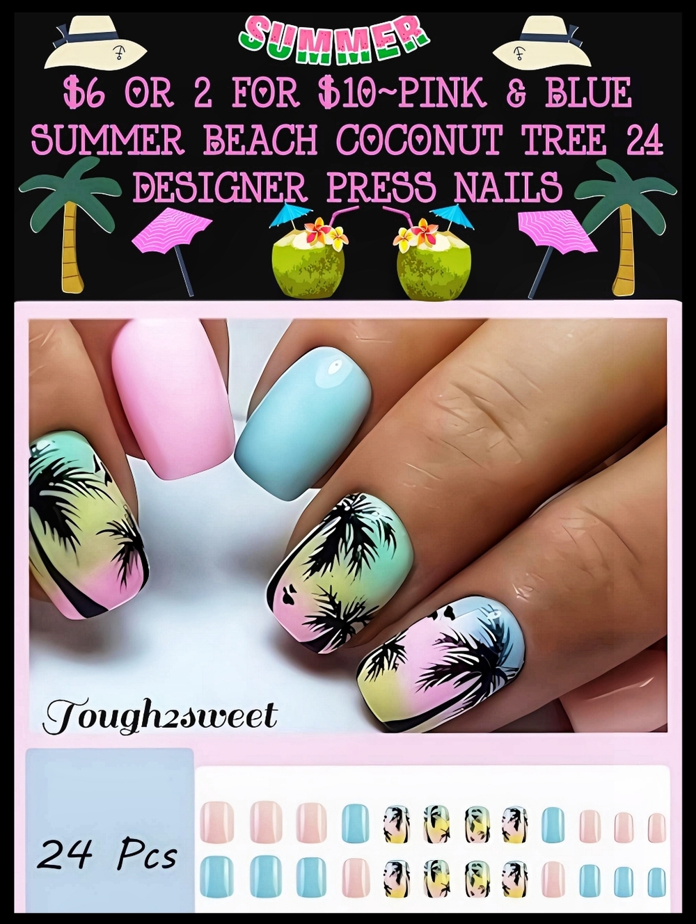 🆕$6 OR 2 FOR $10~PINK & BLUE SUMMER BEACH COCONUT TREE 24 DESIGNER PRESS NAILS